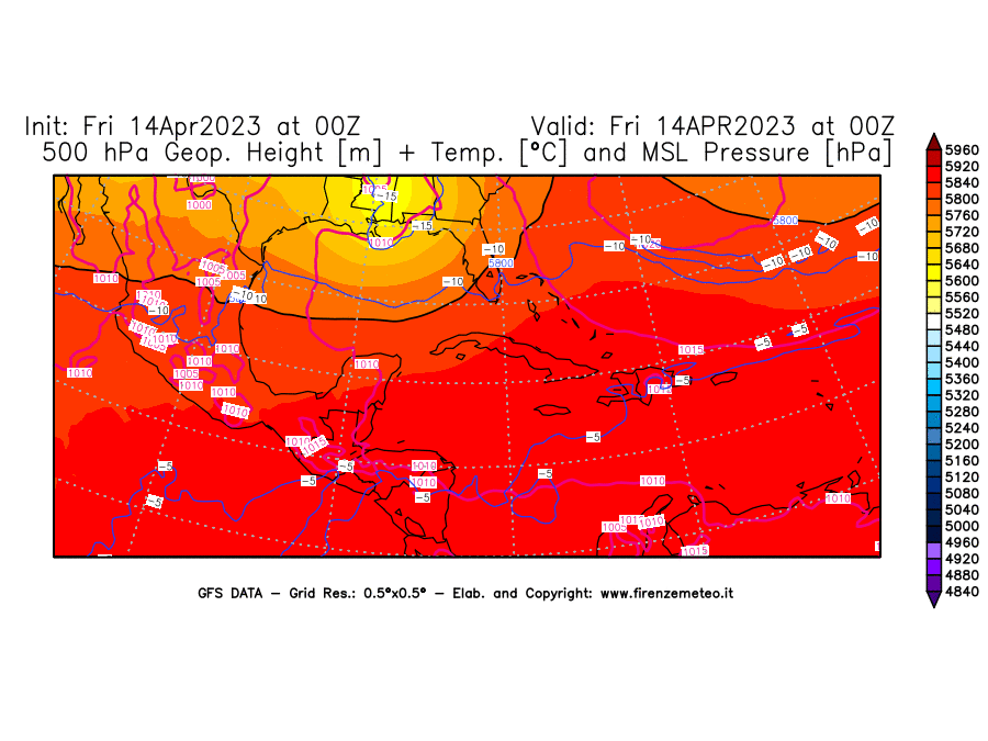 GFS analysi map - Geopotential [m] + Temp. [°C] at 500 hPa + Sea Level Pressure [hPa] in Central America
									on 14/04/2023 00 <!--googleoff: index-->UTC<!--googleon: index-->