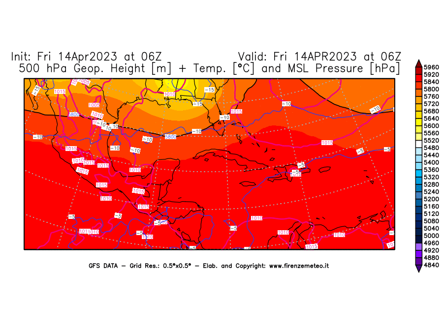 GFS analysi map - Geopotential [m] + Temp. [°C] at 500 hPa + Sea Level Pressure [hPa] in Central America
									on 14/04/2023 06 <!--googleoff: index-->UTC<!--googleon: index-->
