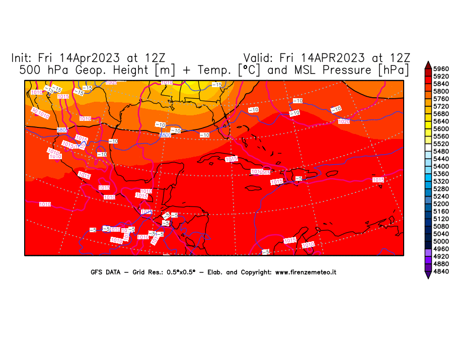 GFS analysi map - Geopotential [m] + Temp. [°C] at 500 hPa + Sea Level Pressure [hPa] in Central America
									on 14/04/2023 12 <!--googleoff: index-->UTC<!--googleon: index-->
