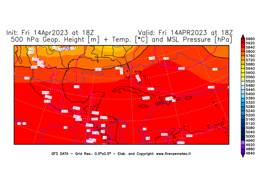 GFS analysi map - Geopotential [m] + Temp. [°C] at 500 hPa + Sea Level Pressure [hPa] in Central America
									on 14/04/2023 18 <!--googleoff: index-->UTC<!--googleon: index-->