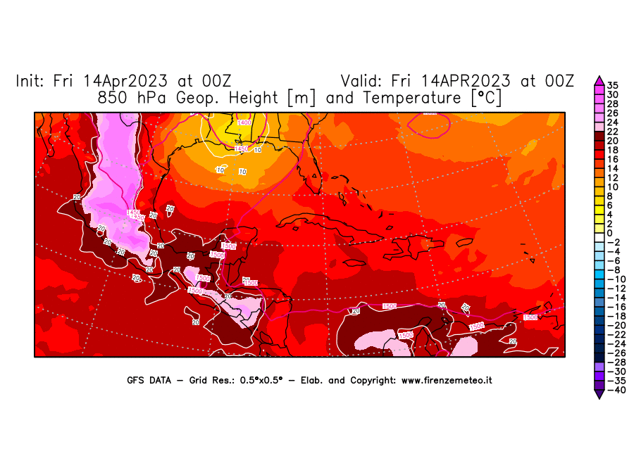 GFS analysi map - Geopotential [m] and Temperature [°C] at 850 hPa in Central America
									on 14/04/2023 00 <!--googleoff: index-->UTC<!--googleon: index-->