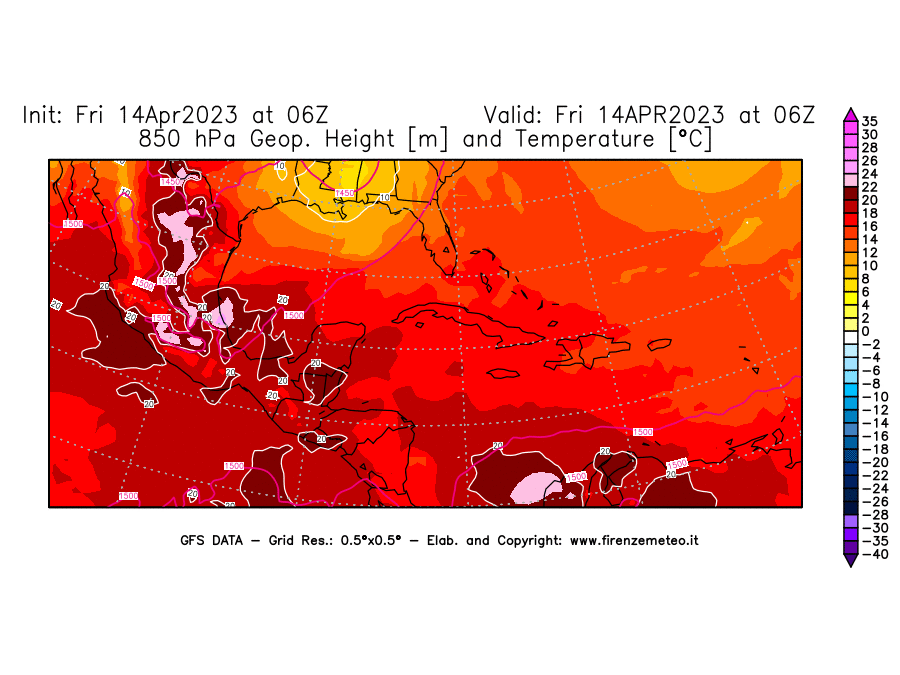 GFS analysi map - Geopotential [m] and Temperature [°C] at 850 hPa in Central America
									on 14/04/2023 06 <!--googleoff: index-->UTC<!--googleon: index-->