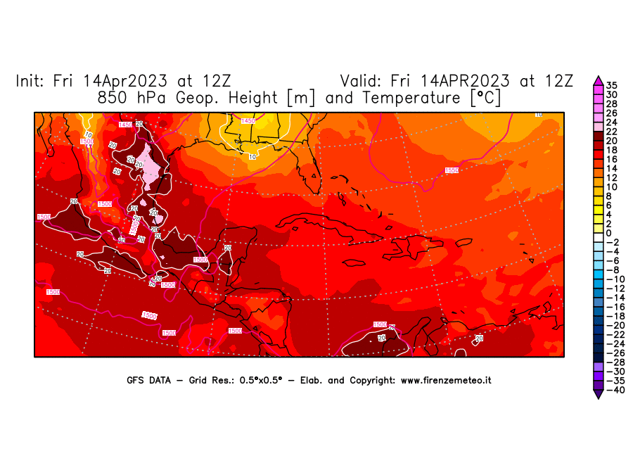 GFS analysi map - Geopotential [m] and Temperature [°C] at 850 hPa in Central America
									on 14/04/2023 12 <!--googleoff: index-->UTC<!--googleon: index-->