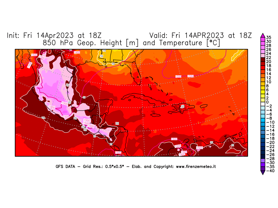 GFS analysi map - Geopotential [m] and Temperature [°C] at 850 hPa in Central America
									on 14/04/2023 18 <!--googleoff: index-->UTC<!--googleon: index-->
