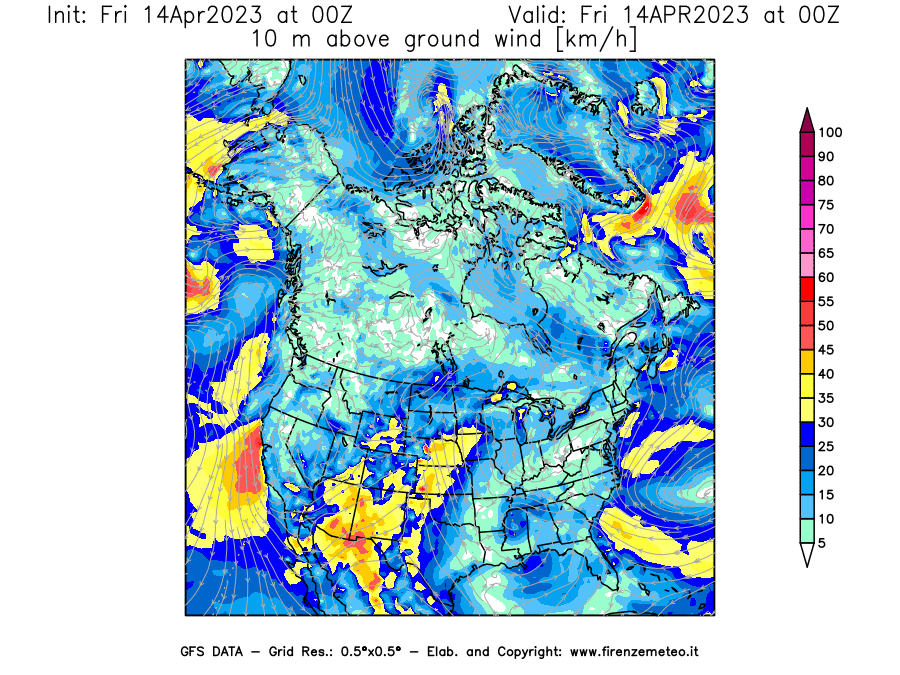 GFS analysi map - Wind Speed at 10 m above ground [km/h] in North America
									on 14/04/2023 00 <!--googleoff: index-->UTC<!--googleon: index-->