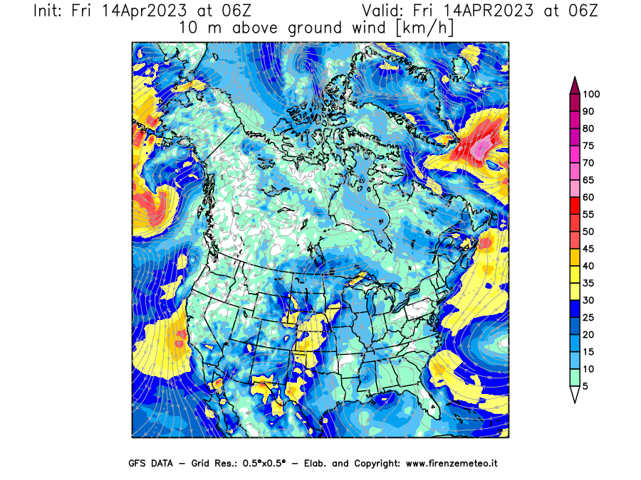 GFS analysi map - Wind Speed at 10 m above ground [km/h] in North America
									on 14/04/2023 06 <!--googleoff: index-->UTC<!--googleon: index-->