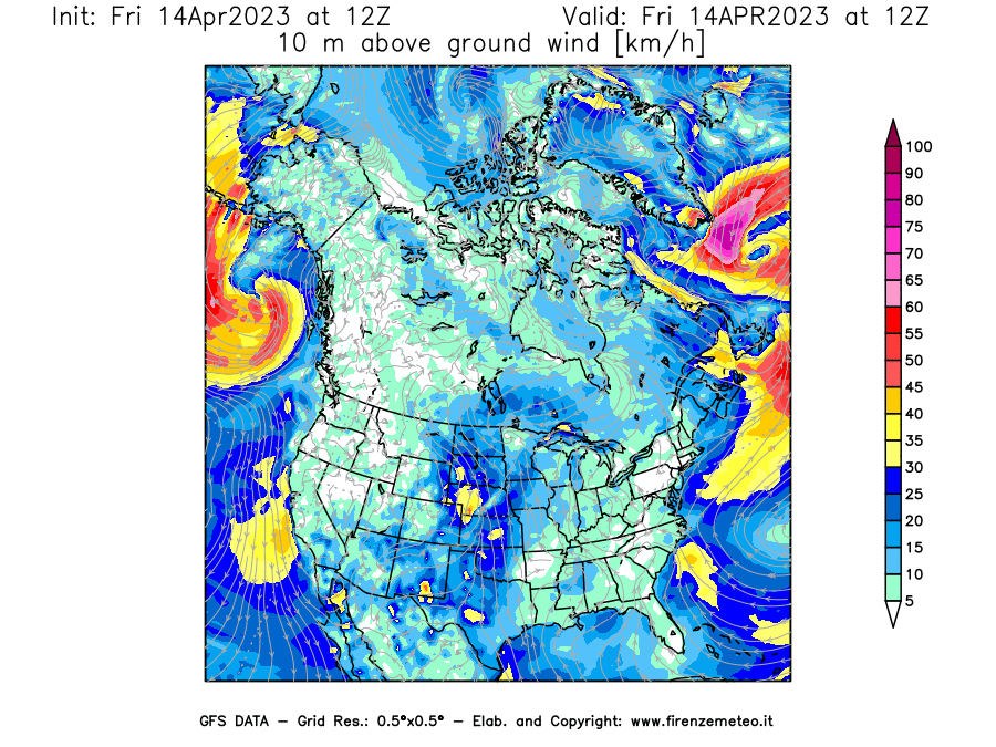 GFS analysi map - Wind Speed at 10 m above ground [km/h] in North America
									on 14/04/2023 12 <!--googleoff: index-->UTC<!--googleon: index-->