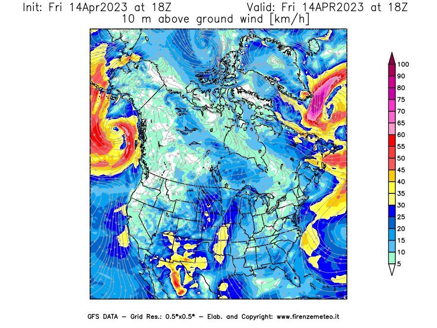 GFS analysi map - Wind Speed at 10 m above ground [km/h] in North America
									on 14/04/2023 18 <!--googleoff: index-->UTC<!--googleon: index-->