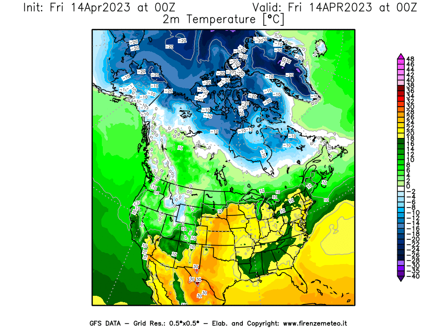 GFS analysi map - Temperature at 2 m above ground [°C] in North America
									on 14/04/2023 00 <!--googleoff: index-->UTC<!--googleon: index-->
