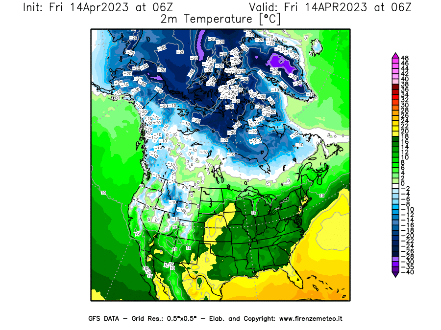 GFS analysi map - Temperature at 2 m above ground [°C] in North America
									on 14/04/2023 06 <!--googleoff: index-->UTC<!--googleon: index-->
