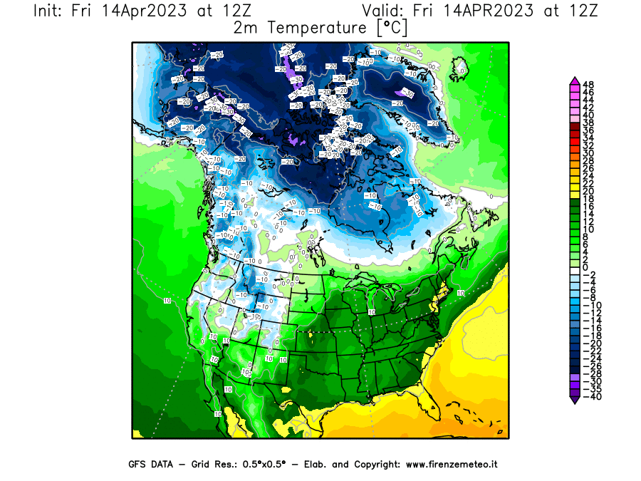 GFS analysi map - Temperature at 2 m above ground [°C] in North America
									on 14/04/2023 12 <!--googleoff: index-->UTC<!--googleon: index-->