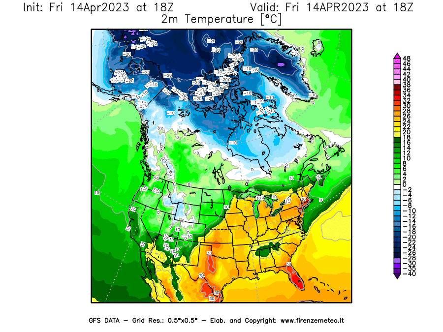 GFS analysi map - Temperature at 2 m above ground [°C] in North America
									on 14/04/2023 18 <!--googleoff: index-->UTC<!--googleon: index-->