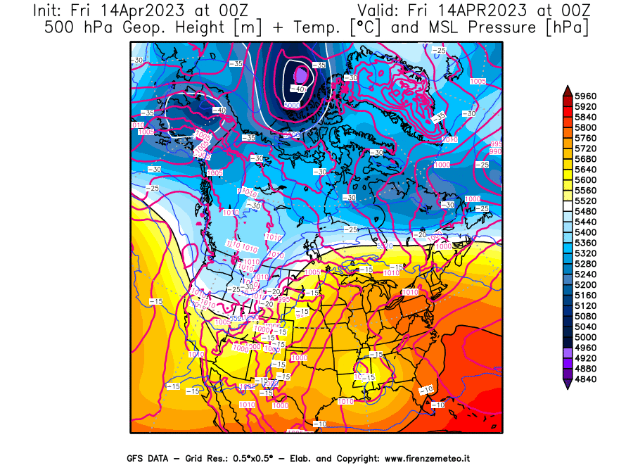 GFS analysi map - Geopotential [m] + Temp. [°C] at 500 hPa + Sea Level Pressure [hPa] in North America
									on 14/04/2023 00 <!--googleoff: index-->UTC<!--googleon: index-->