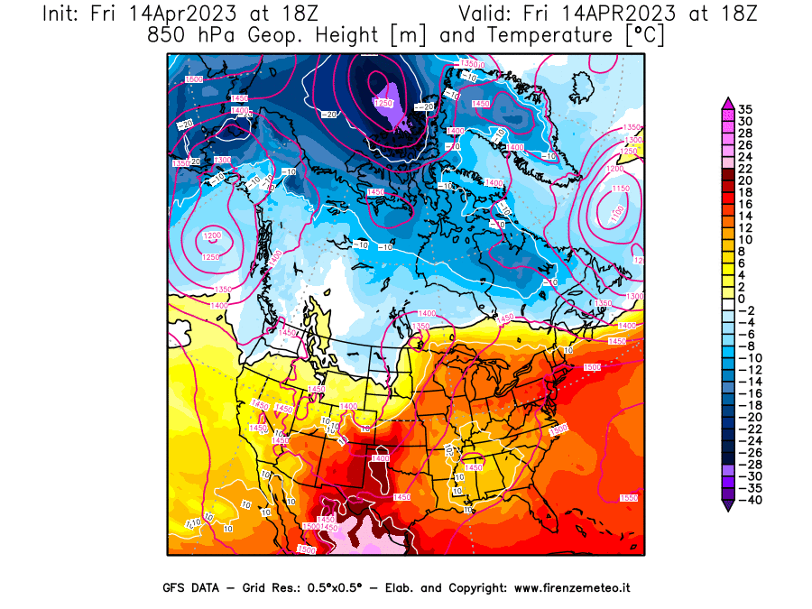 GFS analysi map - Geopotential [m] and Temperature [°C] at 850 hPa in North America
									on 14/04/2023 18 <!--googleoff: index-->UTC<!--googleon: index-->