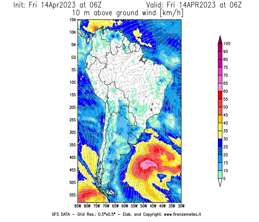 GFS analysi map - Wind Speed at 10 m above ground [km/h] in South America
									on 14/04/2023 06 <!--googleoff: index-->UTC<!--googleon: index-->