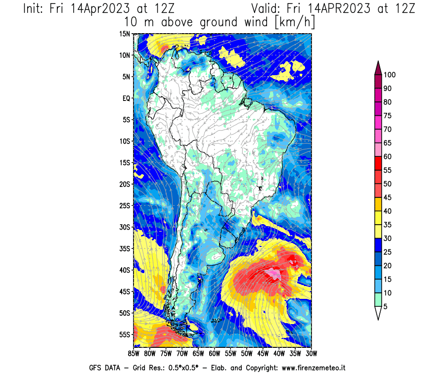 GFS analysi map - Wind Speed at 10 m above ground [km/h] in South America
									on 14/04/2023 12 <!--googleoff: index-->UTC<!--googleon: index-->