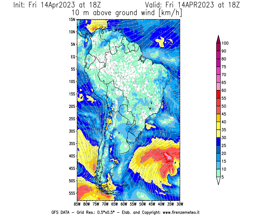 GFS analysi map - Wind Speed at 10 m above ground [km/h] in South America
									on 14/04/2023 18 <!--googleoff: index-->UTC<!--googleon: index-->