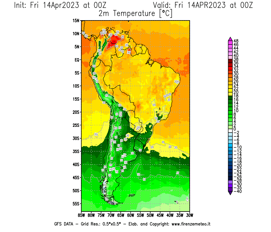 GFS analysi map - Temperature at 2 m above ground [°C] in South America
									on 14/04/2023 00 <!--googleoff: index-->UTC<!--googleon: index-->