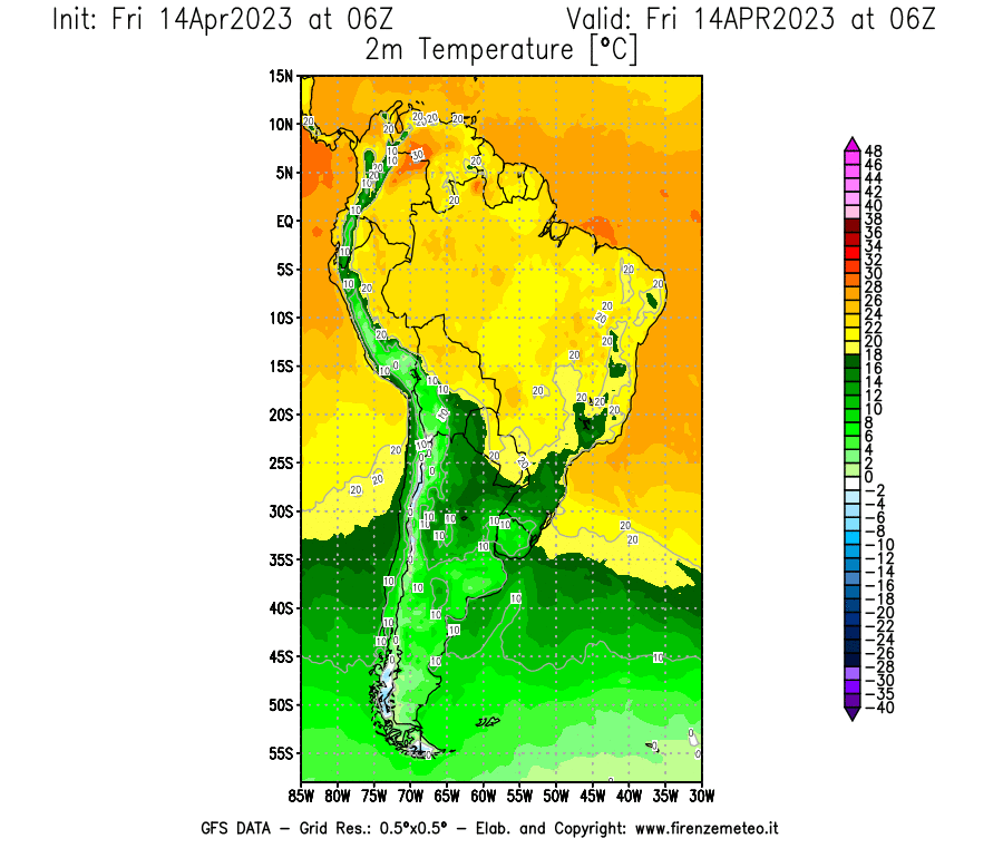 GFS analysi map - Temperature at 2 m above ground [°C] in South America
									on 14/04/2023 06 <!--googleoff: index-->UTC<!--googleon: index-->