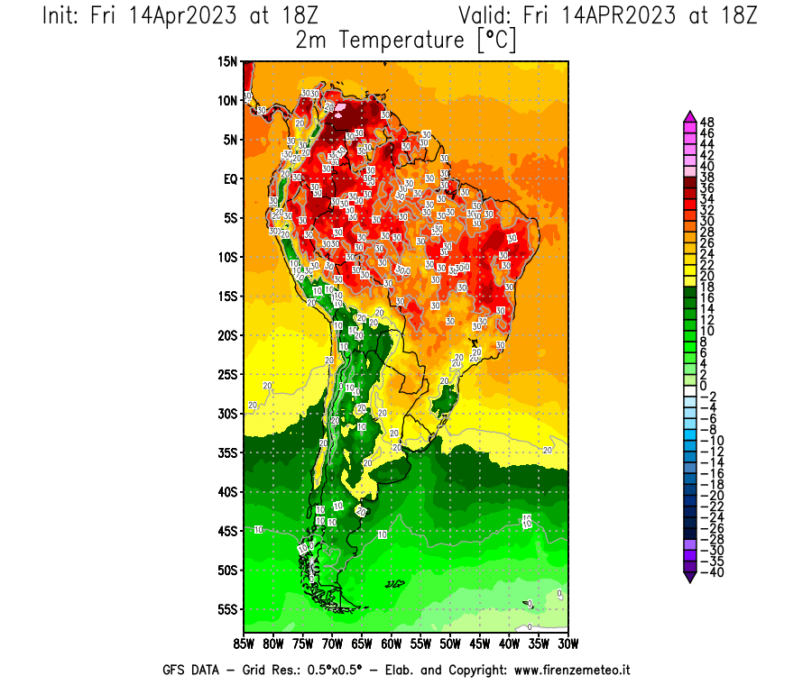 GFS analysi map - Temperature at 2 m above ground [°C] in South America
									on 14/04/2023 18 <!--googleoff: index-->UTC<!--googleon: index-->