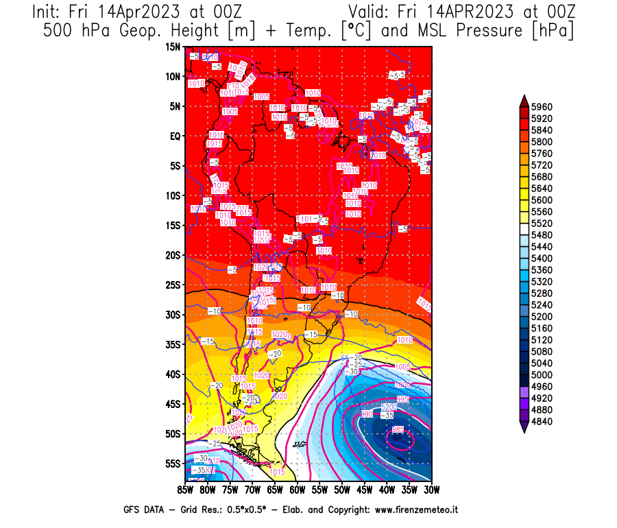 GFS analysi map - Geopotential [m] + Temp. [°C] at 500 hPa + Sea Level Pressure [hPa] in South America
									on 14/04/2023 00 <!--googleoff: index-->UTC<!--googleon: index-->