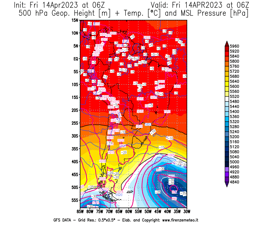 GFS analysi map - Geopotential [m] + Temp. [°C] at 500 hPa + Sea Level Pressure [hPa] in South America
									on 14/04/2023 06 <!--googleoff: index-->UTC<!--googleon: index-->
