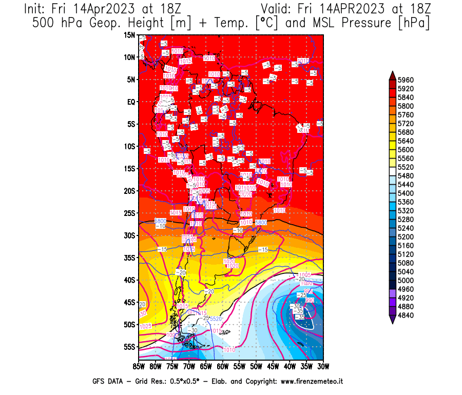 GFS analysi map - Geopotential [m] + Temp. [°C] at 500 hPa + Sea Level Pressure [hPa] in South America
									on 14/04/2023 18 <!--googleoff: index-->UTC<!--googleon: index-->