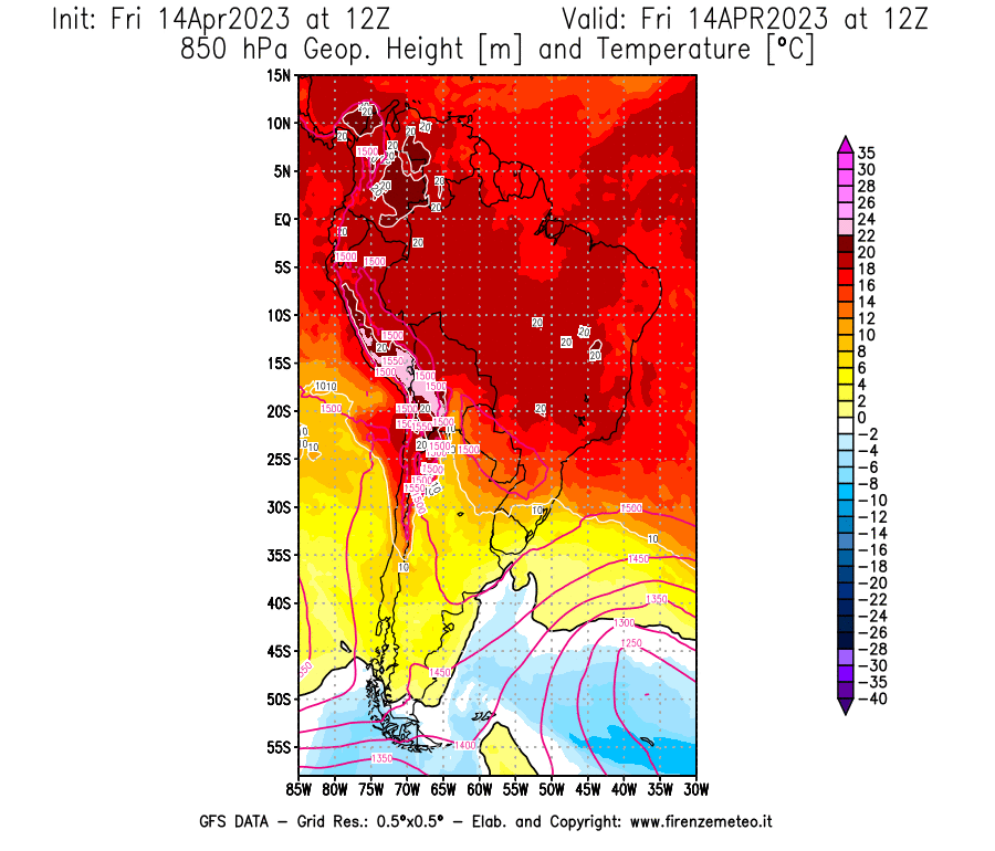 GFS analysi map - Geopotential [m] and Temperature [°C] at 850 hPa in South America
									on 14/04/2023 12 <!--googleoff: index-->UTC<!--googleon: index-->