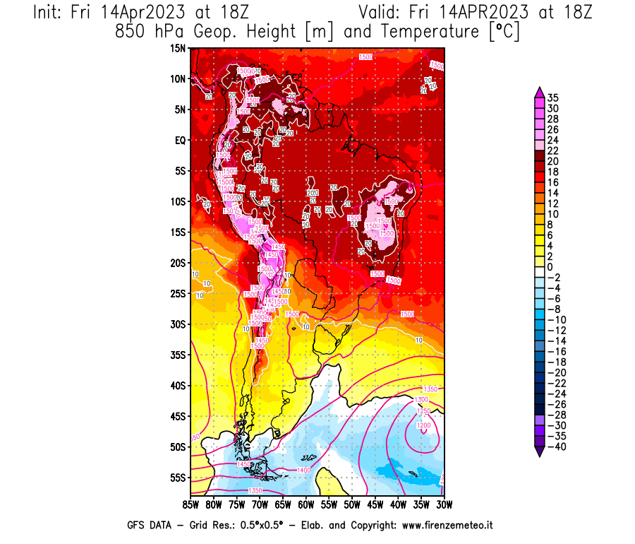 GFS analysi map - Geopotential [m] and Temperature [°C] at 850 hPa in South America
									on 14/04/2023 18 <!--googleoff: index-->UTC<!--googleon: index-->