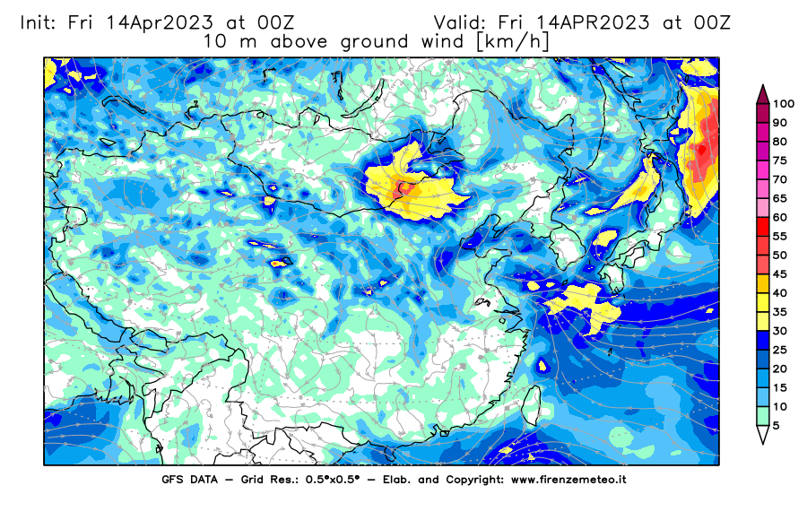 GFS analysi map - Wind Speed at 10 m above ground [km/h] in East Asia
									on 14/04/2023 00 <!--googleoff: index-->UTC<!--googleon: index-->