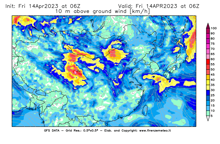 GFS analysi map - Wind Speed at 10 m above ground [km/h] in East Asia
									on 14/04/2023 06 <!--googleoff: index-->UTC<!--googleon: index-->