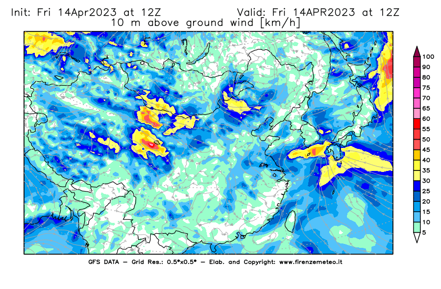 GFS analysi map - Wind Speed at 10 m above ground [km/h] in East Asia
									on 14/04/2023 12 <!--googleoff: index-->UTC<!--googleon: index-->