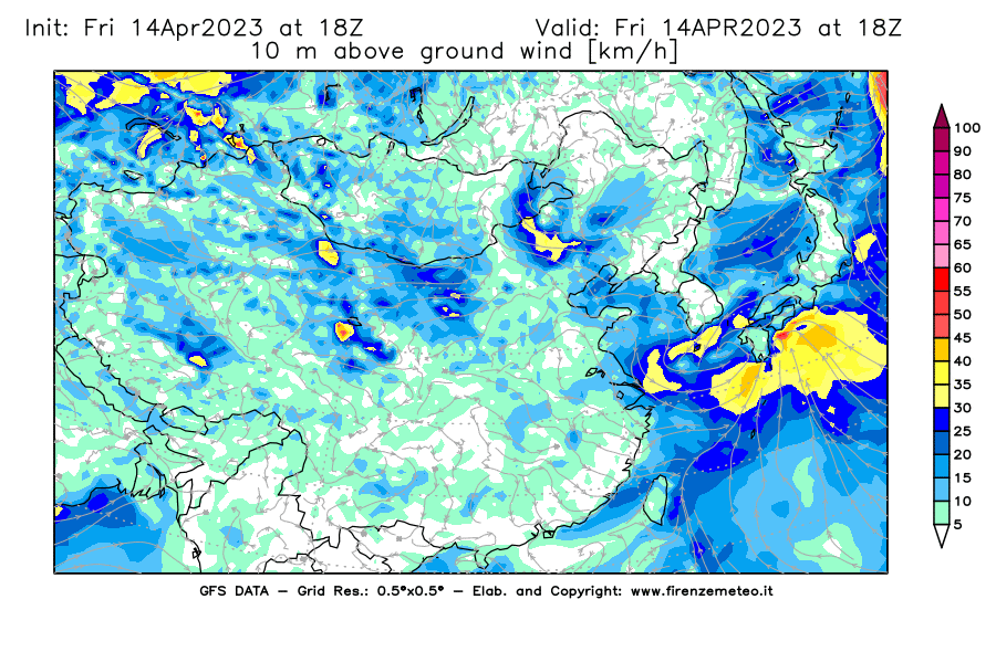 GFS analysi map - Wind Speed at 10 m above ground [km/h] in East Asia
									on 14/04/2023 18 <!--googleoff: index-->UTC<!--googleon: index-->