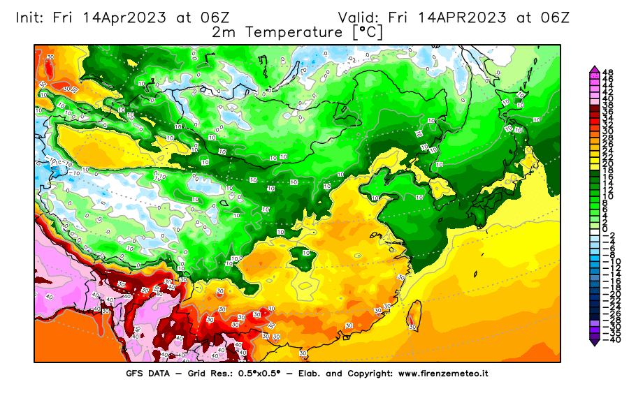 GFS analysi map - Temperature at 2 m above ground [°C] in East Asia
									on 14/04/2023 06 <!--googleoff: index-->UTC<!--googleon: index-->