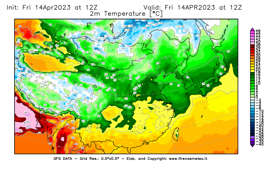 GFS analysi map - Temperature at 2 m above ground [°C] in East Asia
									on 14/04/2023 12 <!--googleoff: index-->UTC<!--googleon: index-->