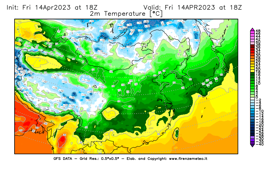 GFS analysi map - Temperature at 2 m above ground [°C] in East Asia
									on 14/04/2023 18 <!--googleoff: index-->UTC<!--googleon: index-->