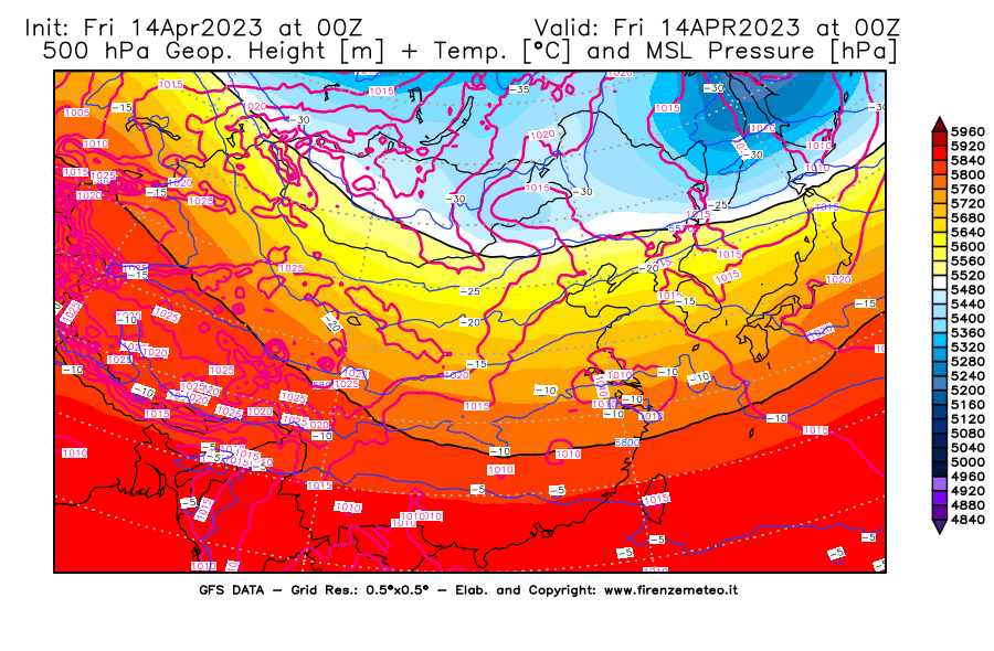 GFS analysi map - Geopotential [m] + Temp. [°C] at 500 hPa + Sea Level Pressure [hPa] in East Asia
									on 14/04/2023 00 <!--googleoff: index-->UTC<!--googleon: index-->