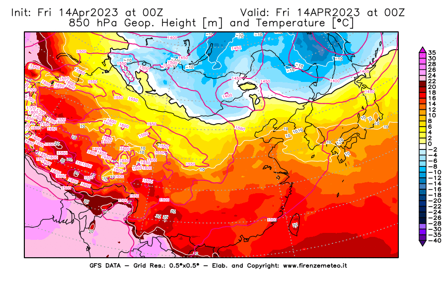 GFS analysi map - Geopotential [m] and Temperature [°C] at 850 hPa in East Asia
									on 14/04/2023 00 <!--googleoff: index-->UTC<!--googleon: index-->
