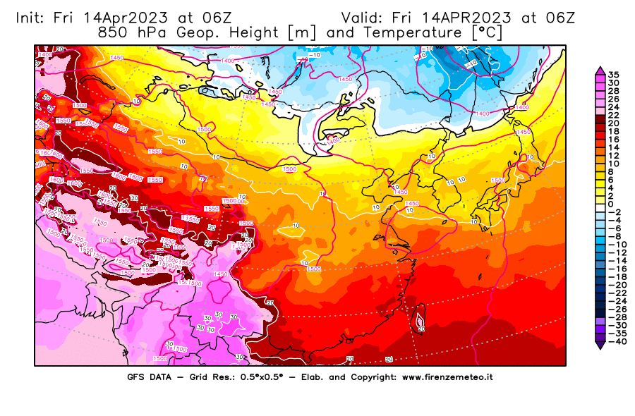 GFS analysi map - Geopotential [m] and Temperature [°C] at 850 hPa in East Asia
									on 14/04/2023 06 <!--googleoff: index-->UTC<!--googleon: index-->