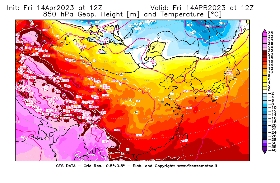 GFS analysi map - Geopotential [m] and Temperature [°C] at 850 hPa in East Asia
									on 14/04/2023 12 <!--googleoff: index-->UTC<!--googleon: index-->
