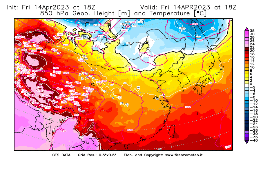 GFS analysi map - Geopotential [m] and Temperature [°C] at 850 hPa in East Asia
									on 14/04/2023 18 <!--googleoff: index-->UTC<!--googleon: index-->