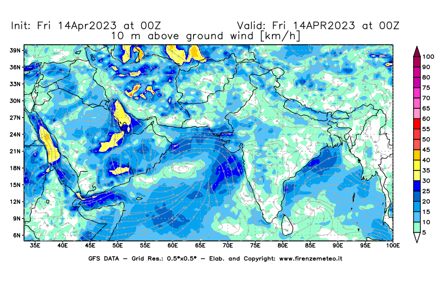 GFS analysi map - Wind Speed at 10 m above ground [km/h] in South West Asia 
									on 14/04/2023 00 <!--googleoff: index-->UTC<!--googleon: index-->