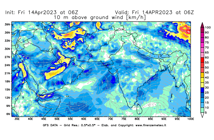 GFS analysi map - Wind Speed at 10 m above ground [km/h] in South West Asia 
									on 14/04/2023 06 <!--googleoff: index-->UTC<!--googleon: index-->