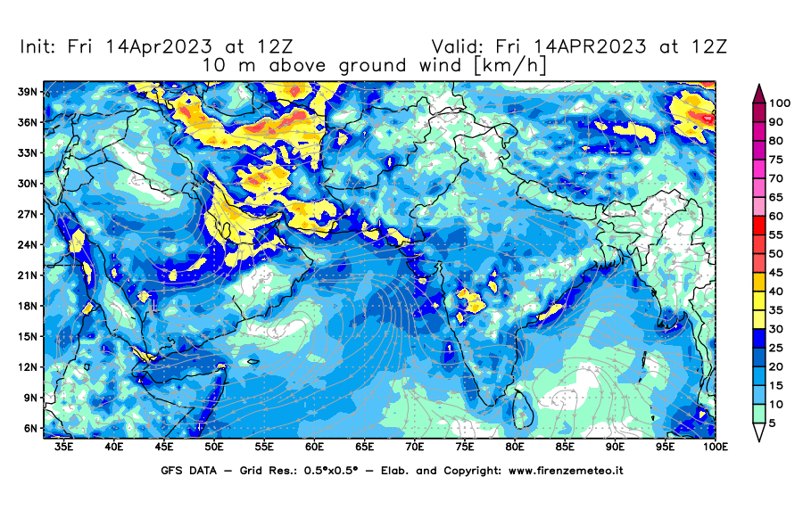GFS analysi map - Wind Speed at 10 m above ground [km/h] in South West Asia 
									on 14/04/2023 12 <!--googleoff: index-->UTC<!--googleon: index-->