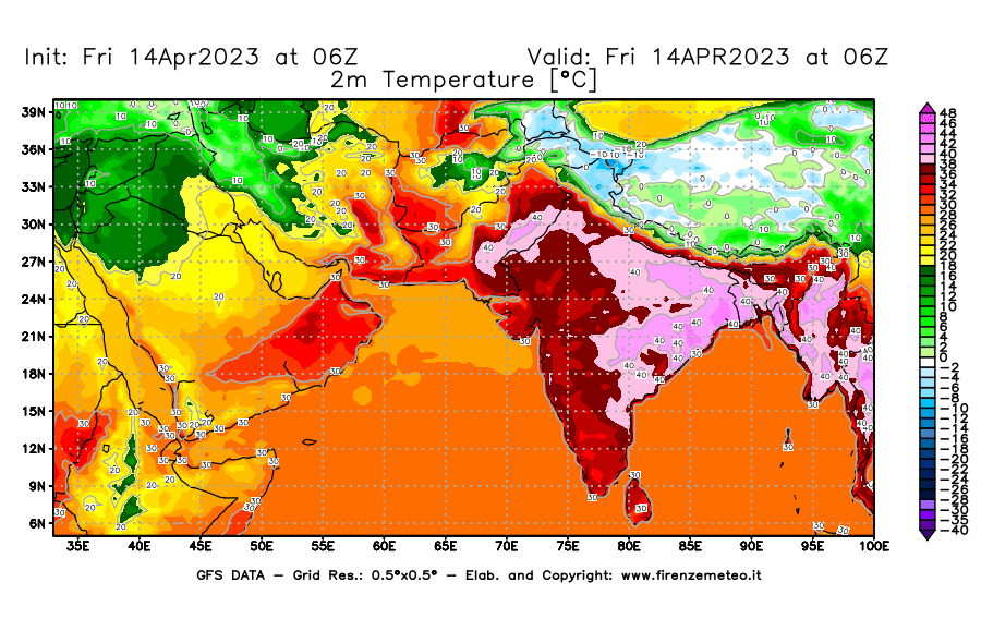 GFS analysi map - Temperature at 2 m above ground [°C] in South West Asia 
									on 14/04/2023 06 <!--googleoff: index-->UTC<!--googleon: index-->