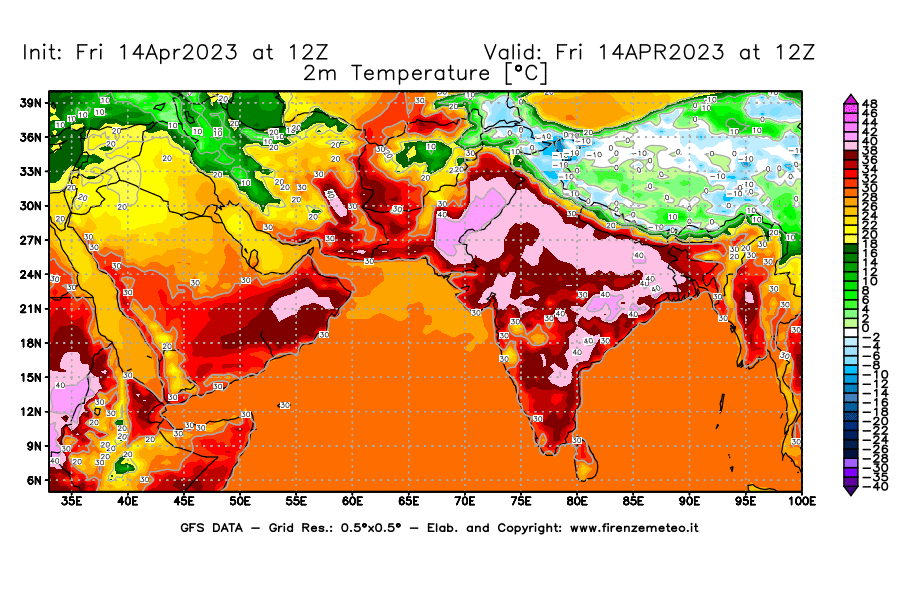 GFS analysi map - Temperature at 2 m above ground [°C] in South West Asia 
									on 14/04/2023 12 <!--googleoff: index-->UTC<!--googleon: index-->