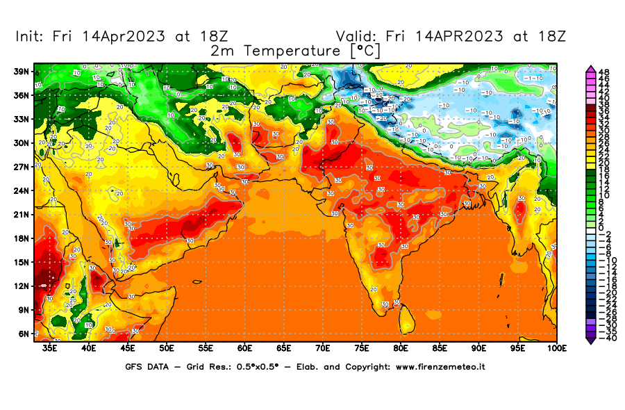 GFS analysi map - Temperature at 2 m above ground [°C] in South West Asia 
									on 14/04/2023 18 <!--googleoff: index-->UTC<!--googleon: index-->