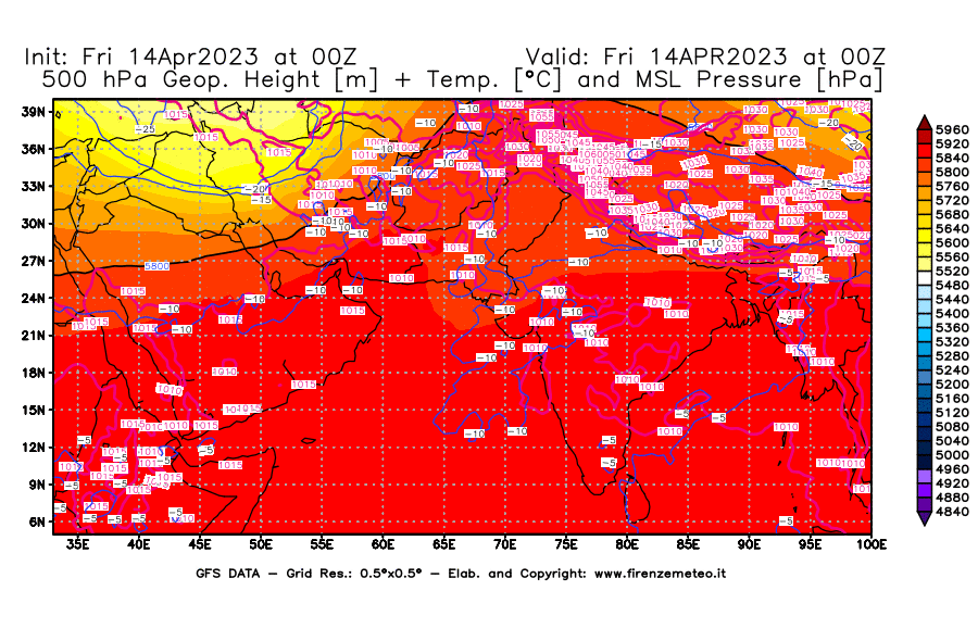 GFS analysi map - Geopotential [m] + Temp. [°C] at 500 hPa + Sea Level Pressure [hPa] in South West Asia 
									on 14/04/2023 00 <!--googleoff: index-->UTC<!--googleon: index-->