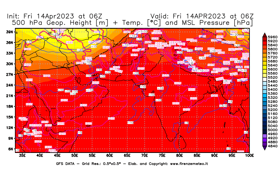 GFS analysi map - Geopotential [m] + Temp. [°C] at 500 hPa + Sea Level Pressure [hPa] in South West Asia 
									on 14/04/2023 06 <!--googleoff: index-->UTC<!--googleon: index-->