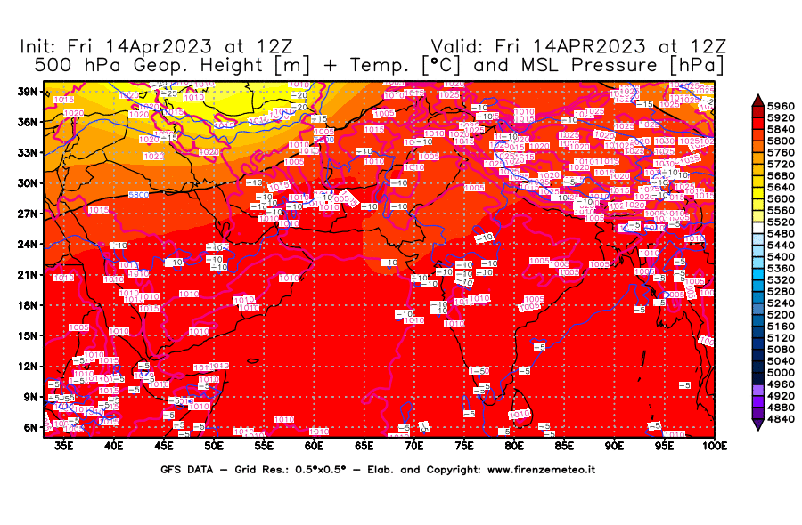 GFS analysi map - Geopotential [m] + Temp. [°C] at 500 hPa + Sea Level Pressure [hPa] in South West Asia 
									on 14/04/2023 12 <!--googleoff: index-->UTC<!--googleon: index-->